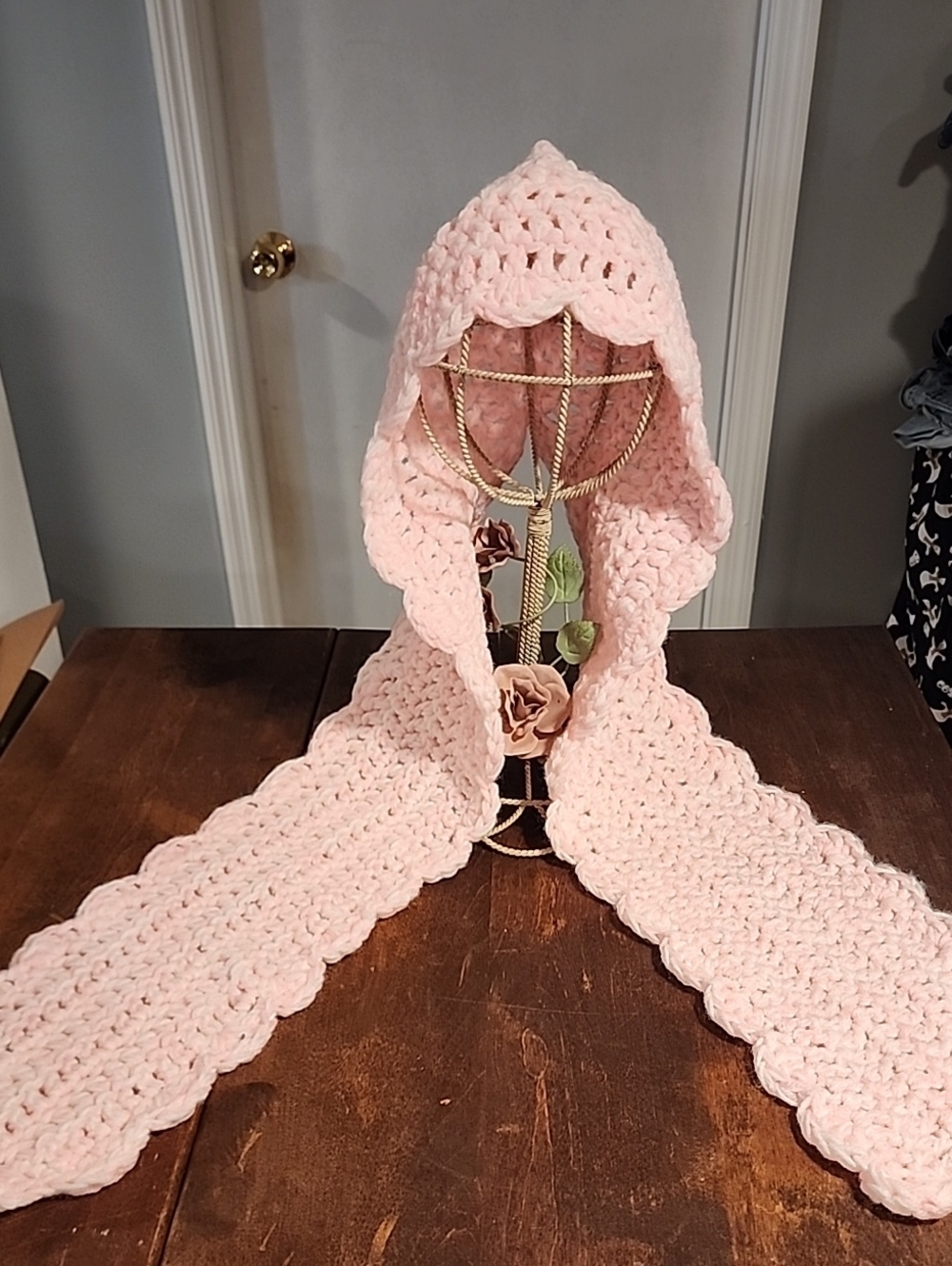 Hand Crafted Blush Pink Crochet Hooded Scarf for Kids